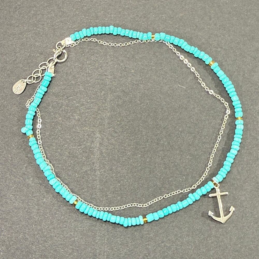 Macy's anchor charm seed beaded anklet sterling silver & turquoise-colored